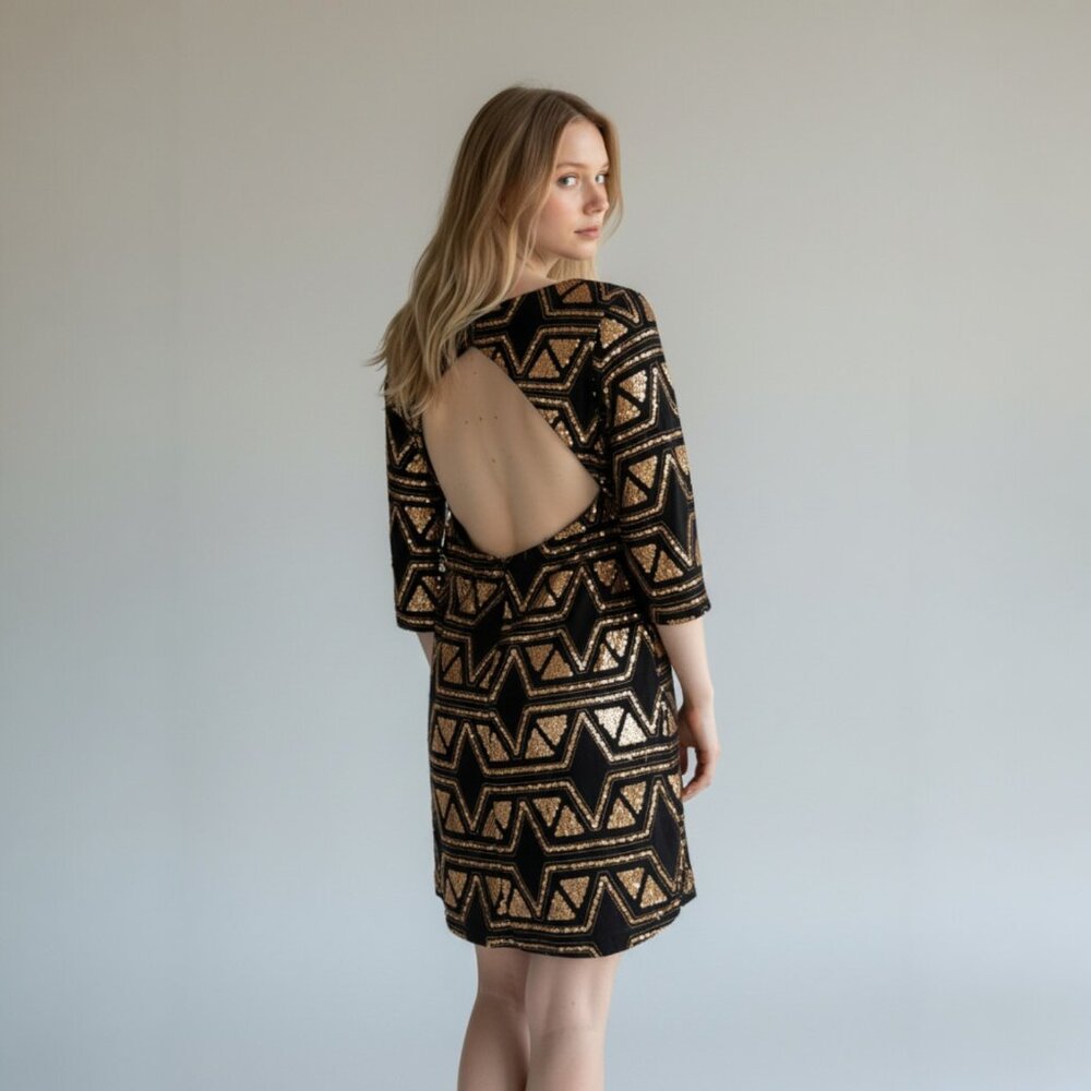Billabong Black Gold Sequin Mini Dress M Open Back Art Deco Party Cocktail